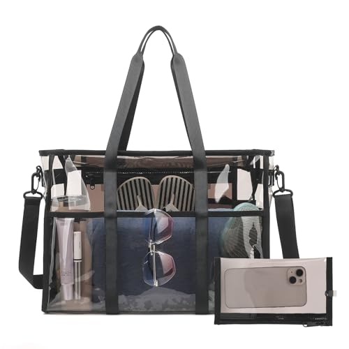Sisipoet Clear Beach Bag for Women Large Clear Tote Bag with Phone Pouch and Crossbody Strap Heavy Duty Waterproof Transparent Bags for Swim/Vacation/Cruise Black