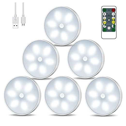 Racokky LED-rörelsesensor nattlampa med fjärrkontroll, inomhusskåpsbelysning USB-uppladdningsbar garderobsskåplampa, intelligent interiörbelysning för trappor garderob sovrum hall (6-pack)