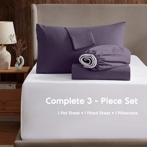 Image of Nestl Twin Bed Sheet Set - Purple - 3-Piece Deep Pocket | Instantly Soft, Night-One Ready (No Wash Required). Fits 16-Inch Deep Pockets, 360-Degree Elastic Grip