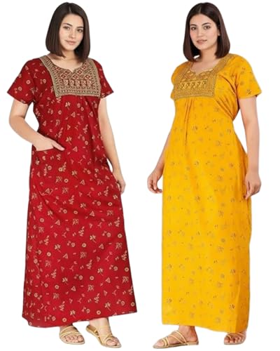 Image of NILOUFO Women's Cotton Jaipuri Nighty Gown - Pack of 2 Rajasthani Print Night Dresses | Maxi Sleepwear with Pocket | Soft Embroidered Loungewear for Ladies