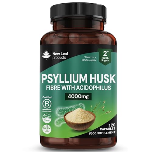 Fibre Supplement 4000mg Psyllium Husk with Acidophilus - High Strength - Natural Soluble Fiber Supplement from Plantago Ovata Seeds 120 Psyllium Husks Capsules Vegan UK Made by New Leaf