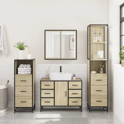 Juego de muebles de baño de 4 piezas, madera contrachapada roble Sonoma, color marrón, 101.85 kg 4