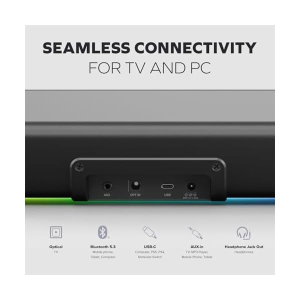 CREATIVE Sound Blaster GS5 RGB Gaming Soundbar with SuperWide technology, Powered via Adapter, Up to 60W Peak Power, Bluetooth 5.4, Optical-in, Headphone-out port, For PC and TV - Image 5