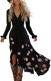 Women's Vintage Western Maxi Dress Pastoral Long Sleeve Button V Neck Fl...