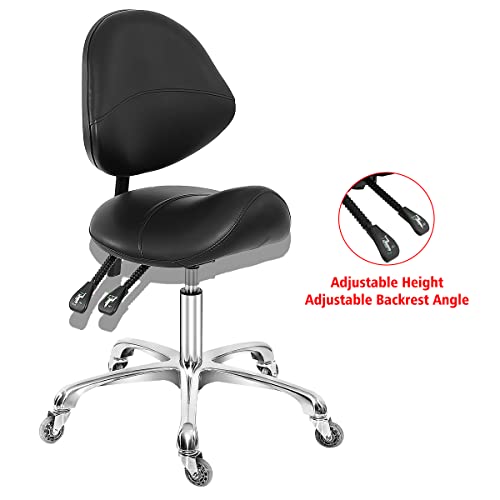 Saddle Stool Dental Hygienist Chair With Back Support, Rolling Esthetician Saddle Stool For Lash Salon Tattoo Shop Spa Dentist Clinic (With Backrest, Black) #TOP5