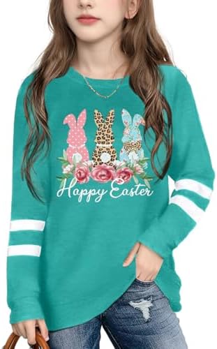 Kids Easter Shirts for Girls Cute Bunny Graphic Tshirt Easter Long Sleeve Tops 5-14y