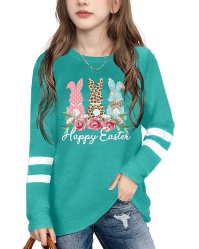 Image of Ithalt Kids Easter Shirts for Girls Cute Bunny Graphic Tshirt Easter Long Sleeve Tops 5-14y