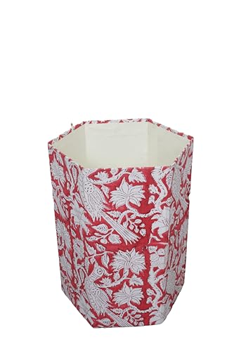 Image of Generic 3.3 Gallon Cotton Hand Block Printed Paper Waste Basket |Small Decorative Trash Can for Housewarming Gifts in Living Room, Bedroom, Bathroom | Eco-Friendly, Plastic-Free (1, RED White MOR)