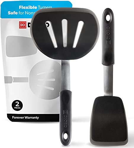 DI ORO Silicone Turner Spatula Set - Kitchen Spatulas for Nonstick Cookware - Flexible & Thin Flippers for Eggs & Pancakes - 600°F Heat-Resistant & BPA Free Cooking Utensils (2pc, Black)