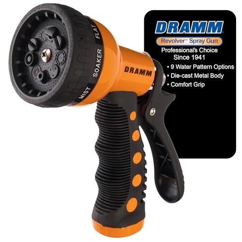Dramm Revolver Heavy Duty Metal Garden Hose Nozzle – 9 Spray Patterns, High Pressure Jet, Thumb-Control Flow, Ergonomic Grip – Orange