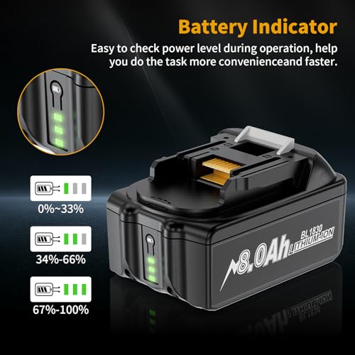 Image of 4-Pack 8.0Ah Cordless Tool Battery Packs for 18V Battery Replacement Compatible with 18V Tools BL1860B BL1850B BL1840B BL1830B BL1815B Batteries