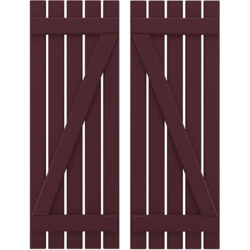 Ekena Millwork ARW102SB519X40WRH Americraft Five 2 Exterior Real Wood Spaced Board-n-Batten Shutters w/Z-Bar (Per Pair), 19 1/2"W x 40"H, Wine Red