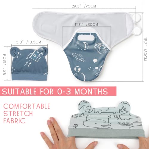 Image of DRESHOW BQUBO 3 Pack Newborn Baby Swaddle Blanket with Hats Infant Adjustable Velcro Swaddling Wraps with Bear Ears Cap for 6-12 Lbs Newborns & 0-3 Months Girls Boys