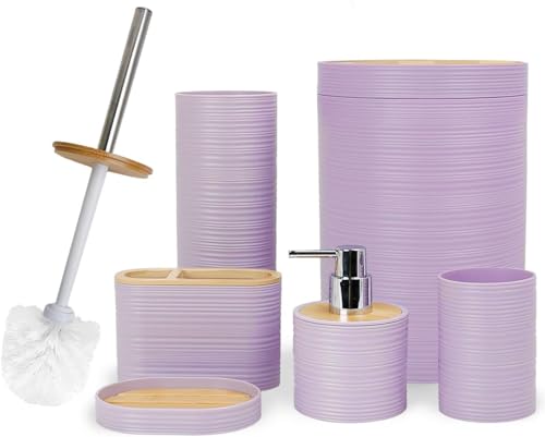CERBIOR Bathroom Accessories Set 6 Piece Bamboo Bath Ensemble Includes Soap Dispenser Toothbrush Holder Toothbrush Cup Soap Dish for Decorative Countertop and Housewarming Gift Sriral Purple