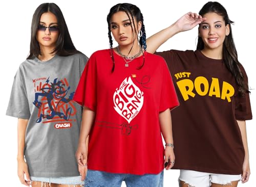 Image of LEOTUDE Women Cottonblend Oversized Baggy Fit Half Sleeve Round Neck Multicolor Combo T-Shirt for Women & Girls (Pack of 3)