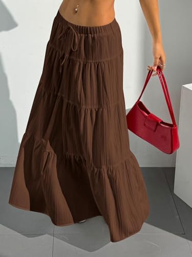 Image of Verdusa Women's Long Maxi Skirt Boho Flowy Flared Ruffle Skirts 2026 Beach Vacation Summer Going Out Outfits