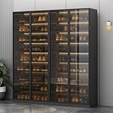 Zapatero estilo glamour con puertas de cristal, 9 estantes ajustables, nizer independiente para entrada, pasillo, garaje, sin luces (gris, 47 pulgadas de largo x 14 pulgadas de ancho x 71 pulgadas de