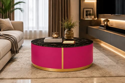 Image of Marble Top Royal Crest Round Center Table | Premium Marble Top Coffee Table for Living Room | Modern Luxury Design 30x30x15.5 Inch (Pink)