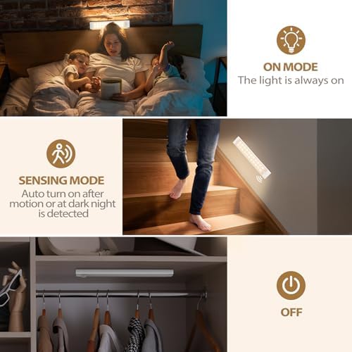Under Cabinet Kitchen Lights, 44 LED 20 CM Motion Sensor Lights Indoor, 3 Pack Cupboard Lights 2000mAh Type-C Rechargeable Night Light with Magnetic Strip 2 Color Temps for Wardrobe, Closet, Stairs