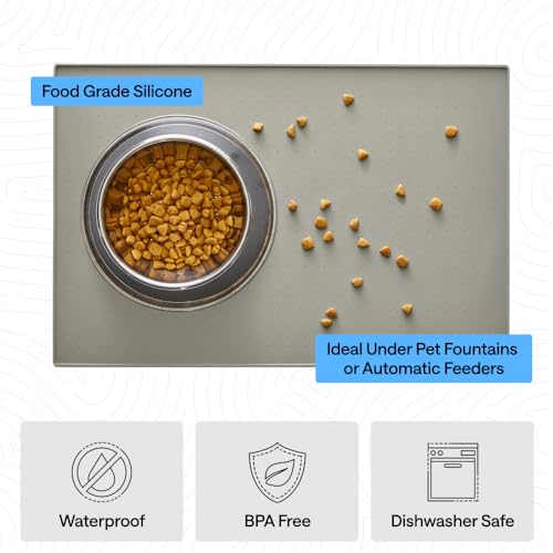 Image of GORILLA GRIP 100% Waterproof Raised Edge BPA Free Silicone Pet Feeding Mat, Dog Cat Food Mats Contain Spills Protects Floors, Placemats for Cats, Dogs Water Bowl, Pets Accessories 16x10, Light Gray