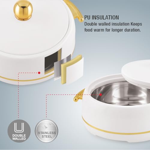 Image of Modware Atlantis Casserole 1500ml Elegant Design Premium Hot Pot, Retains Temperature for Hours, Insulated Inner Steel Casserole for Roti, Hot Box for Home, Chapati Box, Serving Bowl with Lid (White)