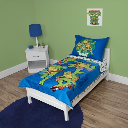 Teenage Mutant Ninja Turtles Parure de lit 4 pièces pour Enfant – Comprend Une Couette, Une Parure de lit – Un Drap-Housse + Un Drap Plat + Une taie d'oreiller...