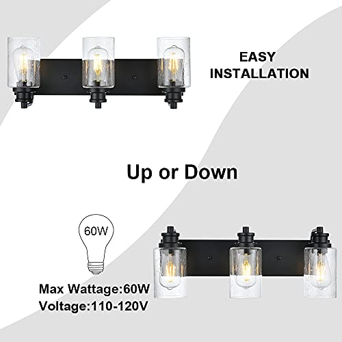 Image of 3 Lights Black Vanity Light Fixtures Over Mirror with Seedy Glass Shade,Industrial Wall Mount Lamp Metal Bathroom Lighting