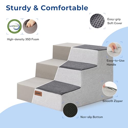 Image of ZOMISIA Dog Steps for Couch - Extra Wide Pet Stairs for Small Dogs and Cats, Dog Steps with Non-Slip Bottom Grey 3 Steps, Grey