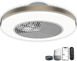 Ceiling Fan with Light,20'' Enclosed Bladeless Fan, Dimmable Fan Lighting with Remote Control,Semi Flush Mount,2.4GHz Wi-Fi Bluetooth&App Controlled Works with Alexa and Google Assistant (Gray & Gold)