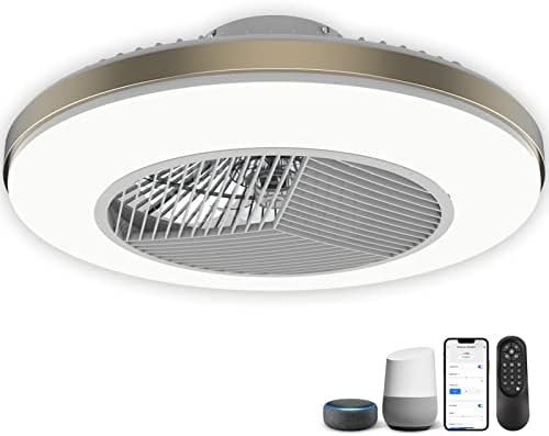 JHHF Ceiling Fan with Lights Remote Control,Dimmable Fan Lighting, 20'' Enclosed Bladeless Fan, Semi Flush Mount,2.4GHz Wi-Fi Bluetooth&App Controlled Works with Alexa and Google Assistant (Ash Gold)