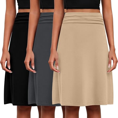 3 Pack Womens Midi Skirts Flowy Lightweight Knee Length Casual Elastic Waist Modest Flared Skirts Trendy Summer