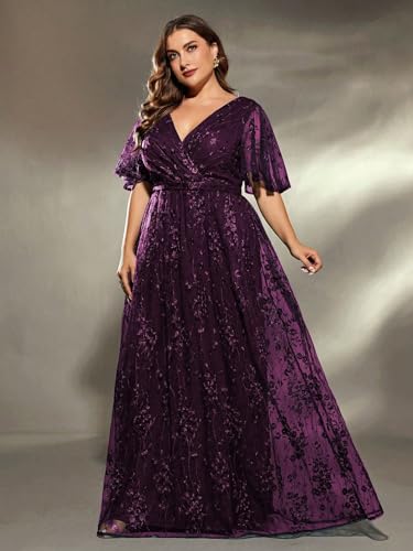 Plus Size Women's V Neck Ruffles Flutter Sleeve Embroidered Lace A Line Maxi Dress for Wedding Party Evening2