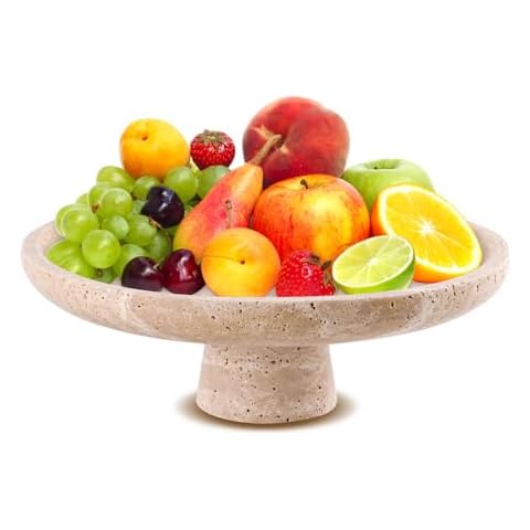 Jidaonop Travertine Fruit Bowl, 10.2 Inches Fruit Bowls for Kitchen Counter, Large Decorative Bowls for Home Decor, Travertine Bowl, Pedestal Bowl for Kitchen Dining Table Decor Cover