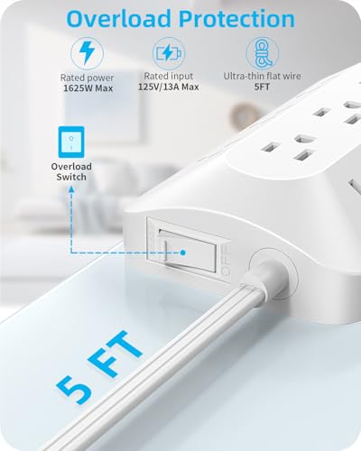 PAEWOK Multitomas 9 Enchufes 4 USB (2 USB C) 5 pies Extensión con Protector de Sobretensión miniatura 6