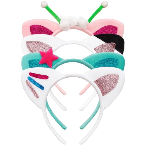 Bgfhna 4 Pcs Cat Ears Headband Party Decorations Headbands Flannel Costume Accessories Glitter Hair Clips for Halloween Christmas Festival Theme Party