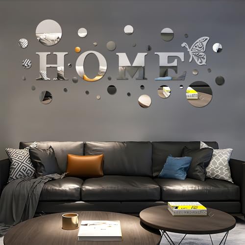 DIYJEP 37 calcomanías acrílicas de espejo 3D para pared, letras para el hogar y forma redonda, efecto espejo, decoración extraíble para sala de estar, dormitorio, fondo de TV, decoración moderna para