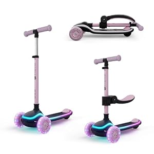 Kinderkraft RAKET UP 2-in-1 Scooter mit Sitz, LED Trittbrett, RGB Rollen, Klappbar, Leichtlaufrollen, Lenker 4-Fach Verstellbar, Ziehbar wie Koffer, Für Kinder, Rosa