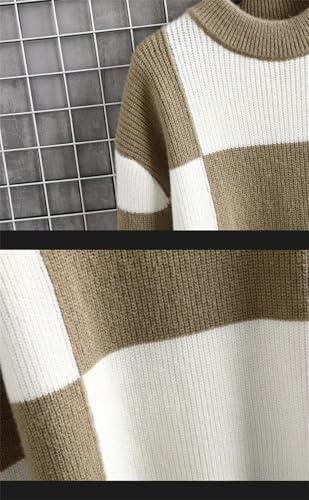 Men Clothing Warm Sweaters Patchwork Knitted Pullovers Male Plaid Round Neck Sweater3