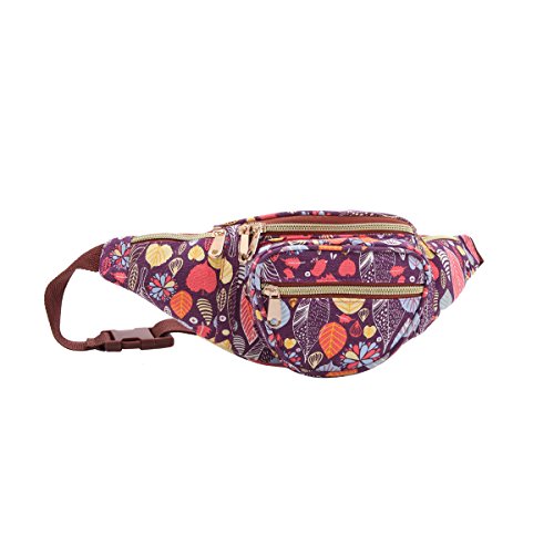 Quenchy London QL415M - Riñonera de viaje en lona, 5 bolsillos con cremallera, para contornos de cintura de hasta 120 cm, ideal para festivales y vacaciones, Hoja morada (Morado) - QL4175Pu