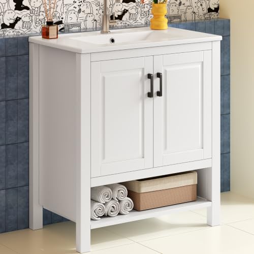 Lavabo independiente con espacio de almacenamiento varios y lavabo de cerámica Moimhear 5