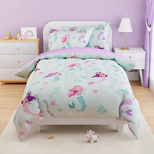 Image of SANDJEST Mermaid Comforter Set Full Size 98x86in for Kids Girls, Microfiber 4 Pcs Bedding Set Includes 1 Comforter, 2 Pillowcases, 1 Fitted Sheet, Nursery Room Decor