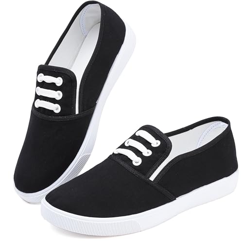 Image of Womens White Canvas Sneakers Lightweight Lace Up Fashion Comfortable Canvas Shoes Low Top Slip On Casual Tennis Walking Shoes Women Footwear