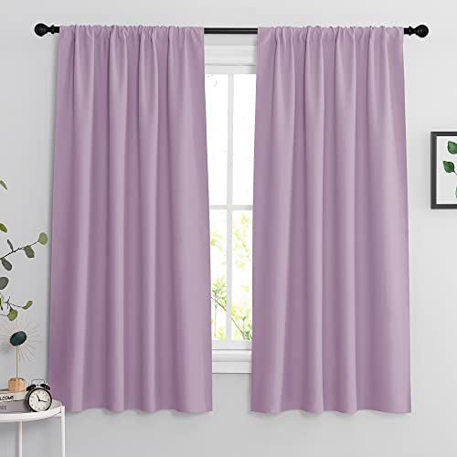 RYB HOME Bedroom Curtains Solid Blackout Panels Rod Pocket Thermal Insulated Window Drapes for Living Room, 42 Width x 63 inch Length 2 Panels Set, Lilac
