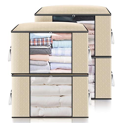 king do way Closet Organizer Clothes Storage Bags Large Capacity Storage Organizers with Reinforced Handle,Stainless Steel Zipper,3 Layer Fabric for Comforters,Bedding,Blankets Clothing (Off White, Storage without Divider,4 Pack)