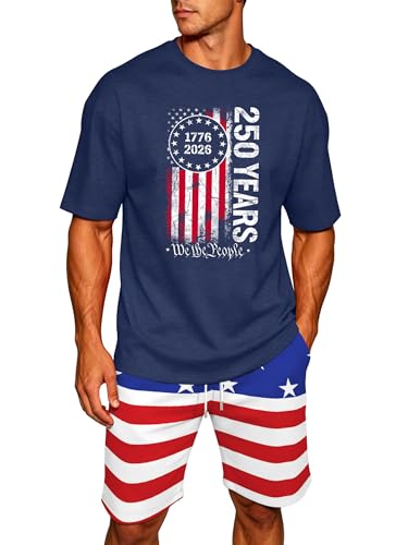Image of Ithalt Patriotic Shirts for Men 4th of July Outfit 2 Piece Set Short Sleeve and Shorts American Flag 250th Anniversary