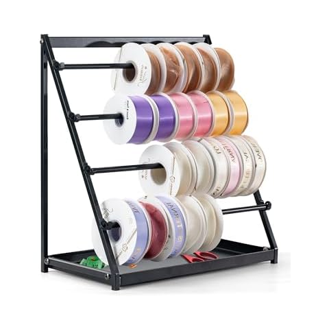 ZOMICE Ribbon Holder Organizer Rack with Storage Tray, 4 Tier Ribbon Spool Holder Stand,Metal Sewing Organizer Display Shelf for Craft Room,Cake Shop,Flower Store(On the Table & Wall Mounted) Cover