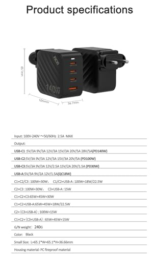 Image of INICIO 140W USB C 4 Port GaN Charger, 3 Type C + 1 USB A, PD3.1 PPS Fast Charging Power Adapter for MacBook Pro Air M5 Dell XPS 15 /13 iPad Pro iPhone 17 16 15 Galaxy S26 S25 S24 Ultra Pixel 10 9 etc