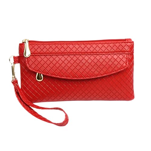 Fashion Women's Wristlet Handbags, Stylish Rhomboid Design Leather Small Pouch Wristlet Clutch for Lady (Red)