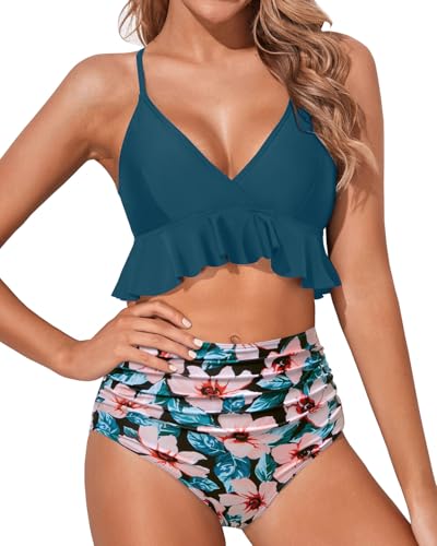 Image of Tempt Me Women High Waisted Ruffle Bikini Set Two Piece Swimsuits Flounce Tummy Control Bathing Suit