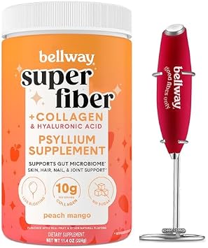 Bellway Super Fiber + Collagen and Electric Frother Bundle, Sugar Free Psyllium Husk with Collagen Peptides and Hyaluronic Acid, for Gut Health, Skin and Regularity 20 Servings